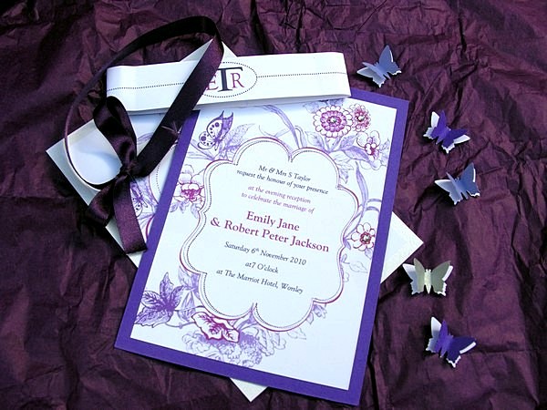 They sent us the Sophisticated Lilac wedding invitation and RSVP card tied