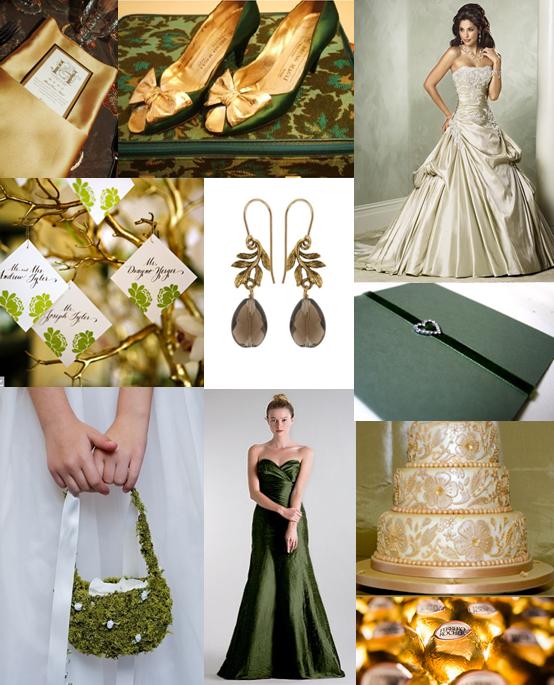 Wedding mood board showing ideas for a forest green and gold themed wedding