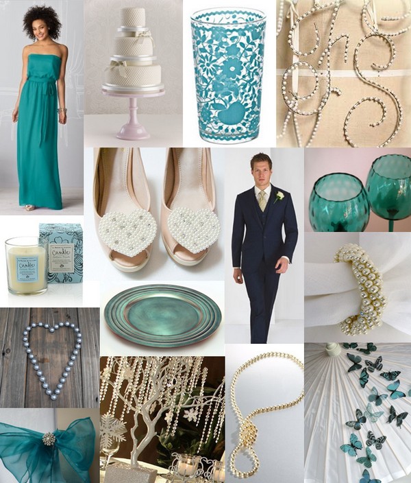 Mood board showing ideas for a teal and pearl wedding theme